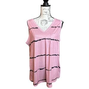 New Bloomchic Pink Black Striped Print Pocket V-neck Tank Top 1X Plus 14/16